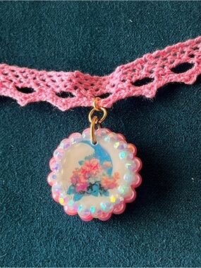 Pink Crochet Choker Necklace with Floral Pendant